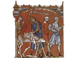 The Levite cuts up his concubine`s corpse into 12 portions - picture from a medieval book of Old Testament scenes, c.AD 1250
